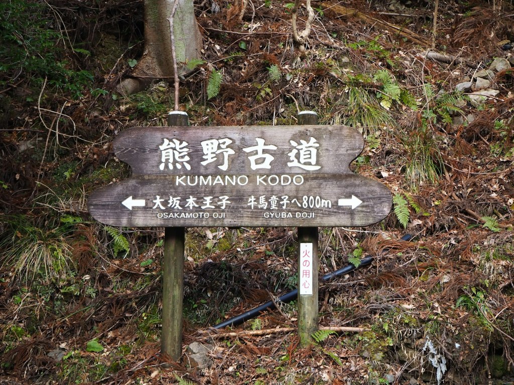 A wooden trail sign on the forested Kumano Kodo pilgrimage route